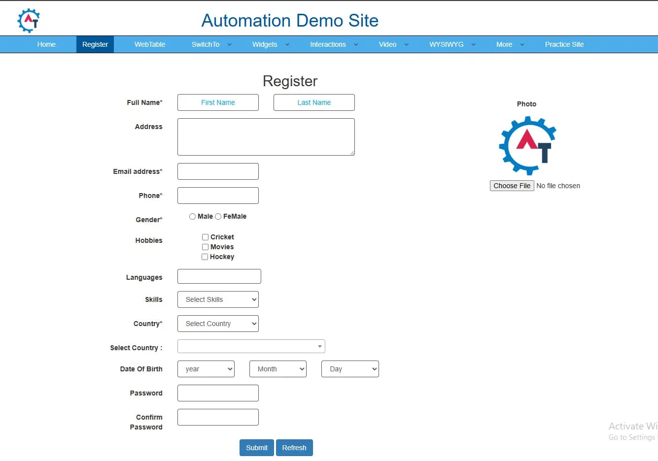 Automation Testing Practice registration page preview