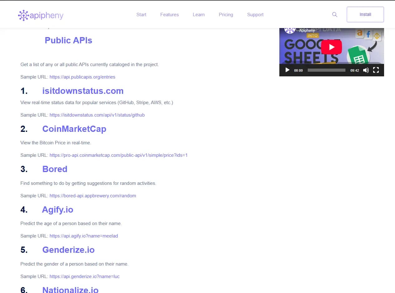 Apipheny free API list website preview